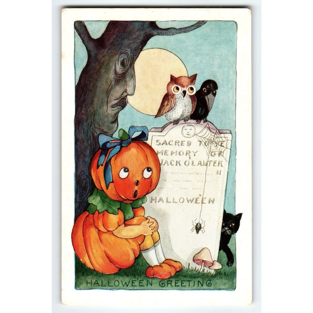 Vintage 1910s Halloween Whitney Postcard Goblin Girl Tree With Face Owl Cat